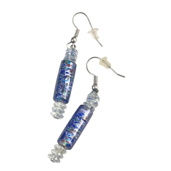 Handcrafted Glass Bead Dangle Earrings With Blue & Clear Accents Boho Beachy - Picture 4 of 6